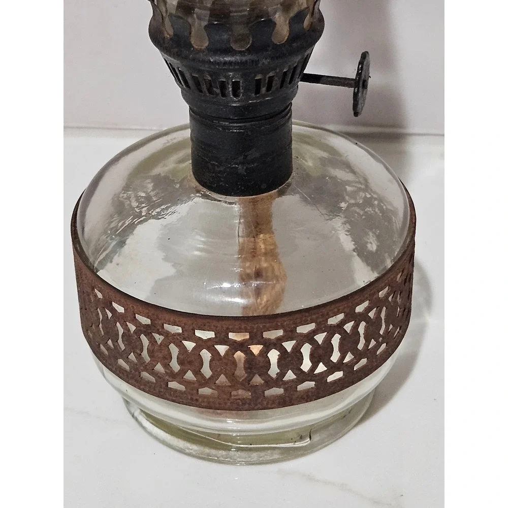 Vintage Miniature Glass Oil Lamp with Rusted Metal Filigree Band and Chimney